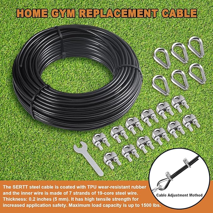 SERTT Replacement Cable for Pulley Cable Machine, Pulley Cable for DIY Home Gym, Wire Rope Length 32.8/65.6/98.4 Ft for Weight Lift Pulley System, Gym Steel Cable, Thick 5mm, TPU Coated