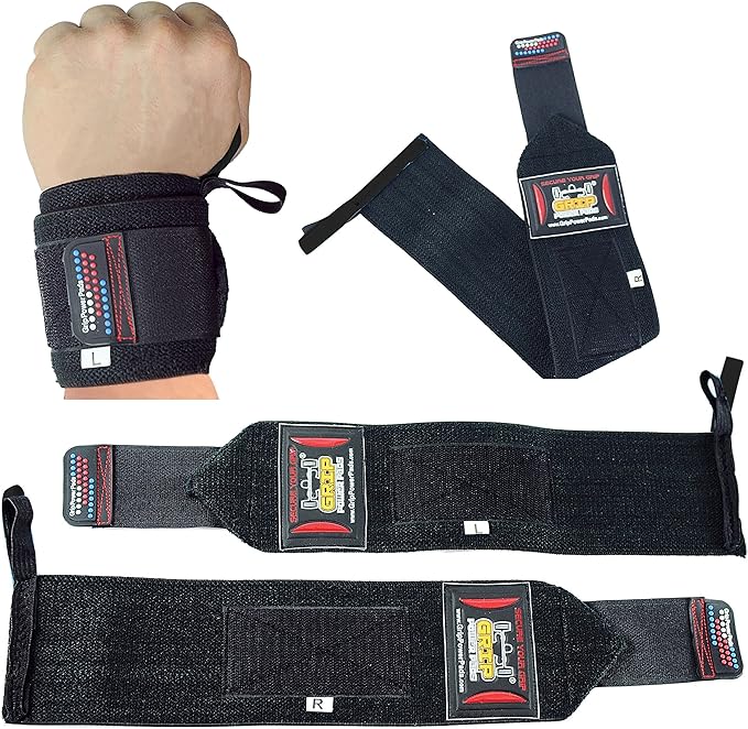 Grip Power Pads Wrist Wraps 2 Wraps for Weight Lifting Wrist Support Cotton Wraps Gym Bandage Straps for Men & Women Premium Quality & PRO Rubber