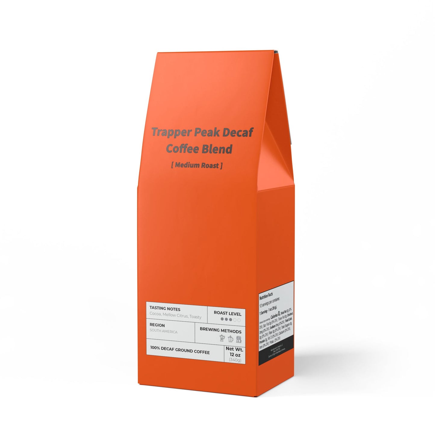 HBS, Trapper Peak Decaf Coffee Blend (Medium Roast), Tangerine Package