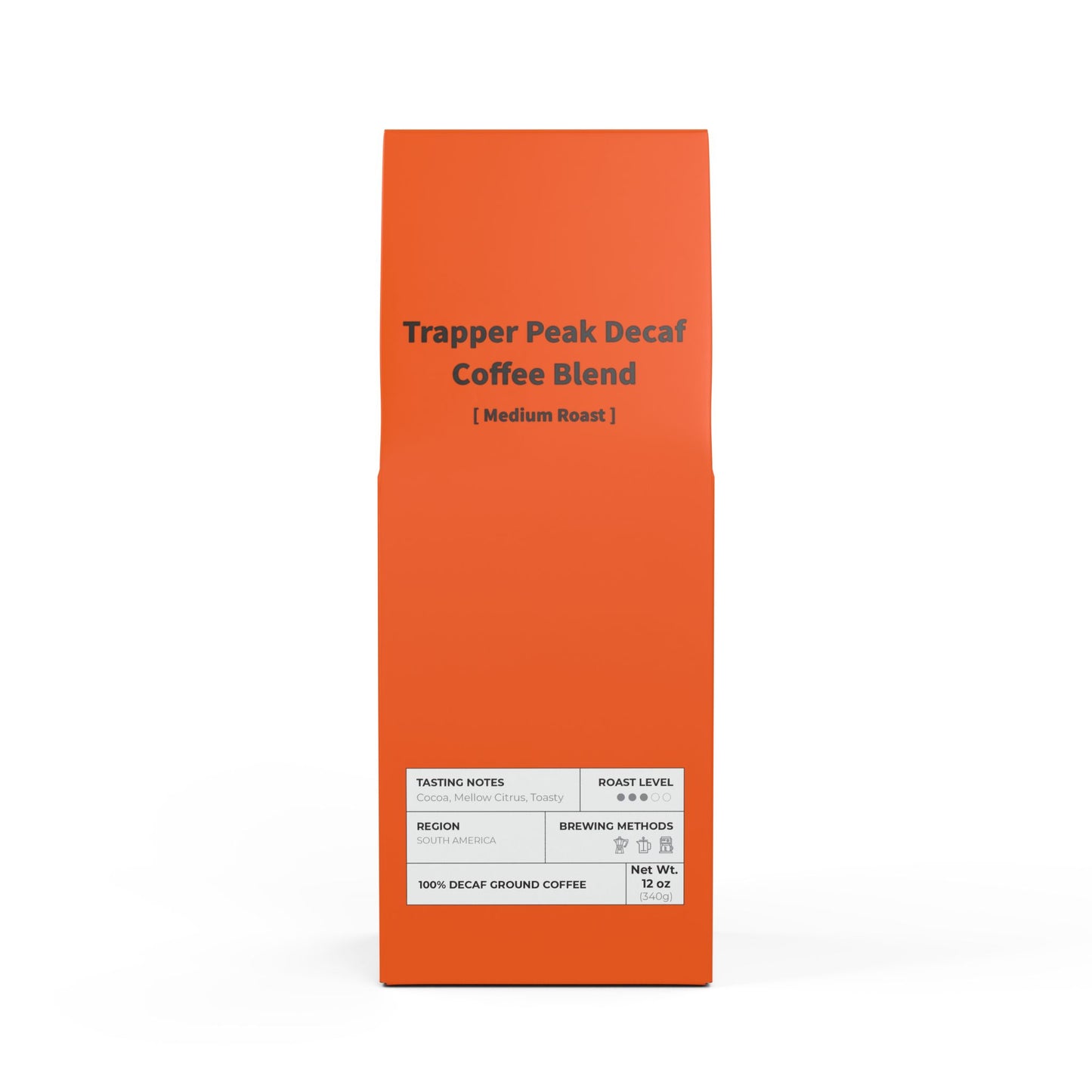 HBS, Trapper Peak Decaf Coffee Blend (Medium Roast), Tangerine Package