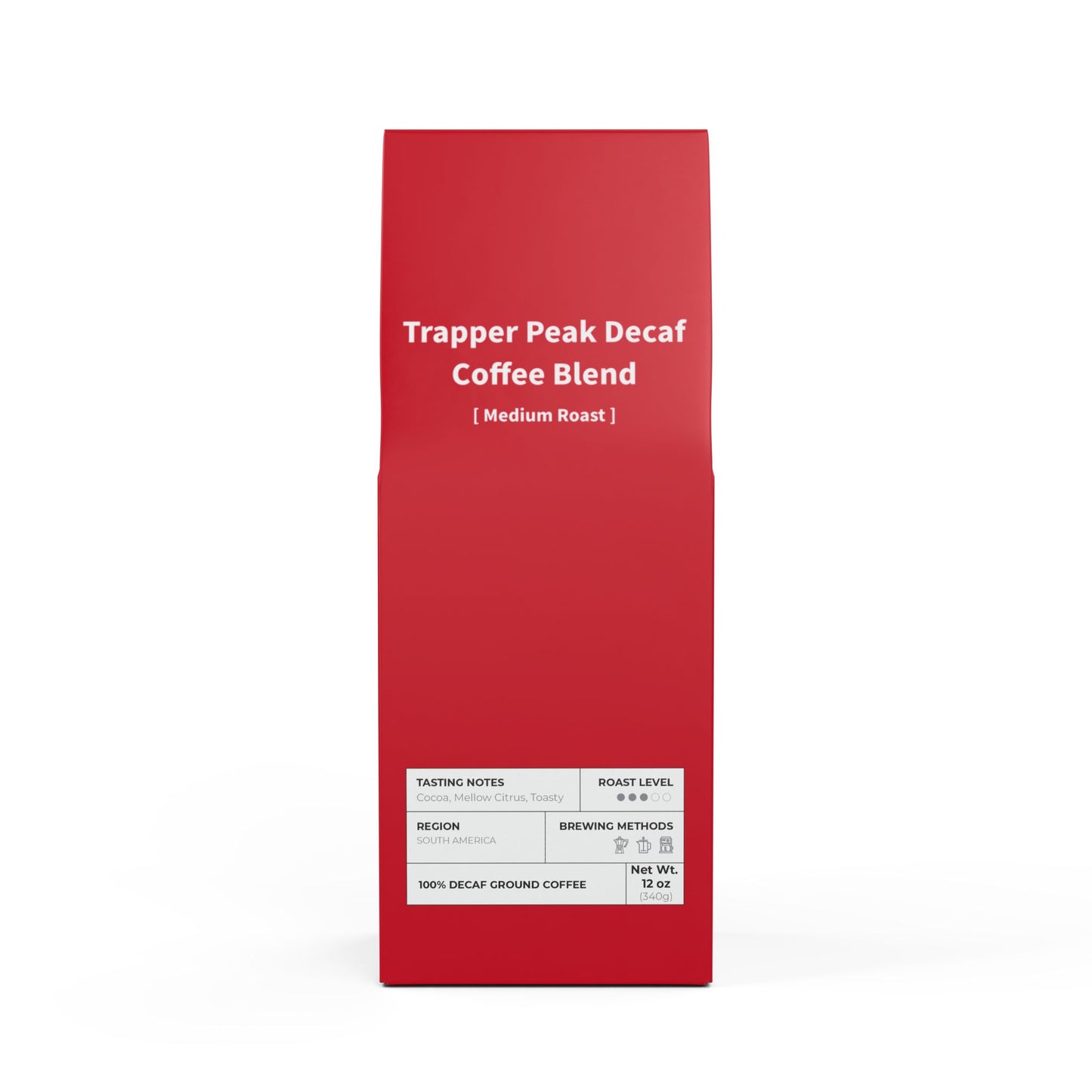 HBS, Trapper Peak Decaf Coffee Blend (Medium Roast), Red Package