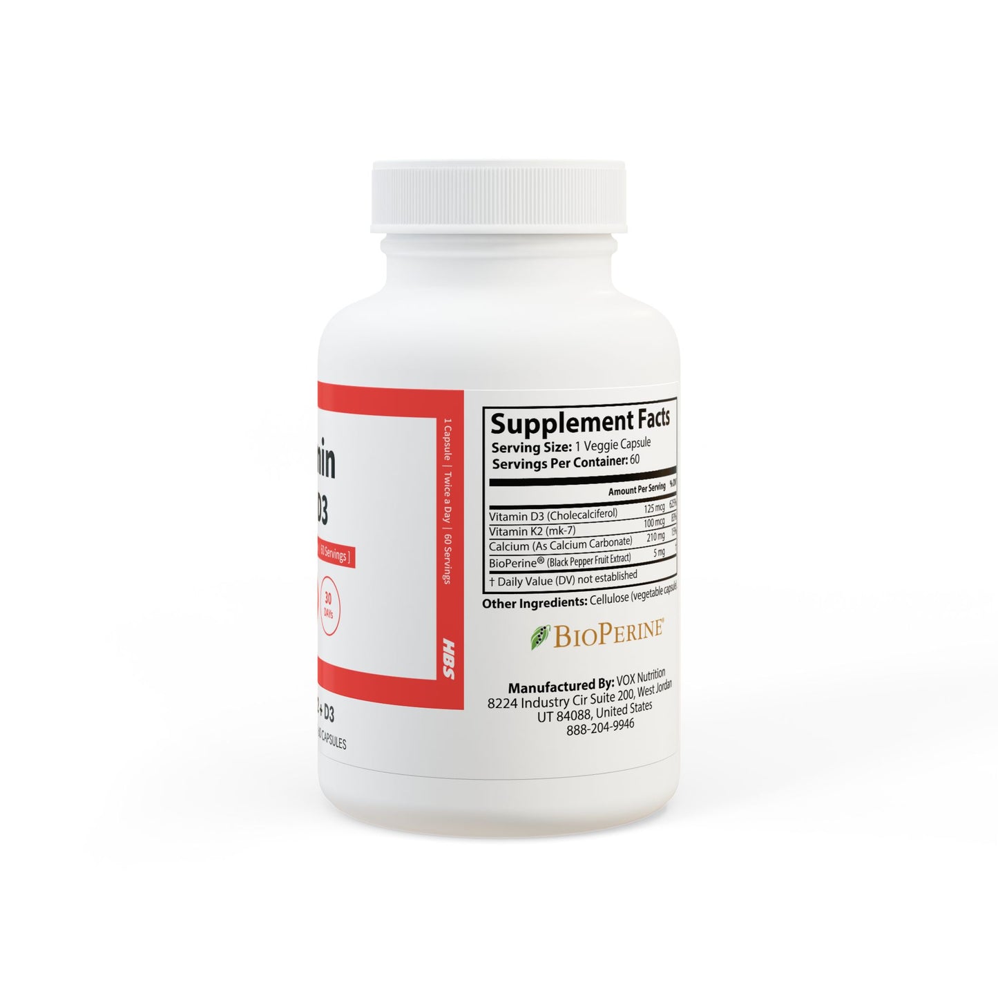HBS, Vitamin K2 + D3 Supplement (60 Vegetable Capsules)