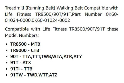 Treadmill (Running Belt) Walking Belt Compatible with Life Fitness TR8500/90T/91T,Part Number 0K60-01024-0000,0K60-01024-0002，(Applicable Models Please Refer to The List)