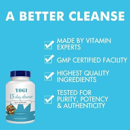 15 Day Cleanse - Gut and Colon Support, Advanced Gut Cleanse Detox with Senna, Cascara Sagrada & Psyllium Husk, 30 Capsules, Yogi, Cleanse capsules, cleanse support, White/Blue