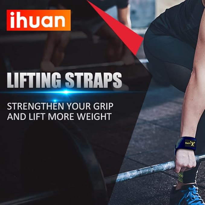ihuan Wrist Straps for Weight Lifting - Lifting Straps for Weightlifting | Gym Wrist Wraps with Extra Hand Grips Support for Strength Training | Bodybuilding | Deadlifting