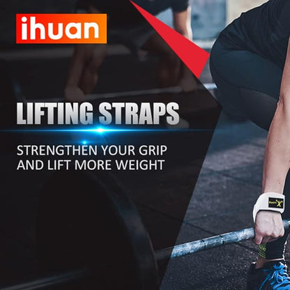 ihuan Wrist Straps for Weight Lifting - Lifting Straps for Weightlifting | Gym Wrist Wraps with Extra Hand Grips Support for Strength Training | Bodybuilding | Deadlifting