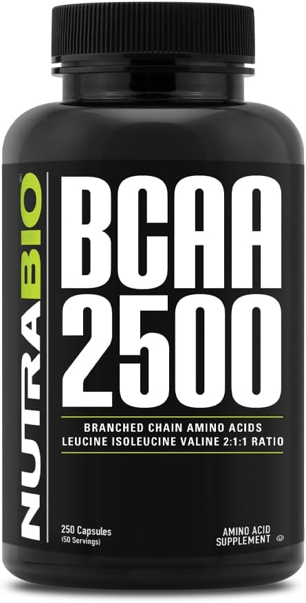 NutraBio – BCAA 2500 – Branched Chain Amino Acids – Support New Muscle Growth and Prevent Muscle Breakdown – 250 Capsules