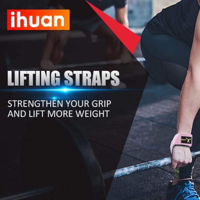 ihuan Wrist Straps for Weight Lifting - Lifting Straps for Weightlifting | Gym Wrist Wraps with Extra Hand Grips Support for Strength Training | Bodybuilding | Deadlifting