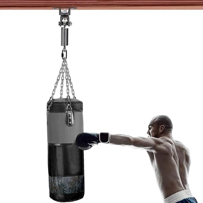 BeneLabel Heavy Duty Boxing Punching Bag Hanger Chain with Spring, 350 LB Capacity, 360° Rotation Wood Beam Holder with 4 Chains and 4 Carabiners, 2 Hexagon Wood Screws and 2 Expansion Screws.
