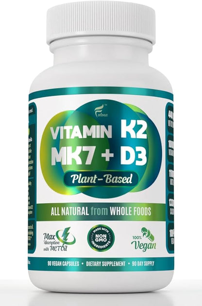 Vegan Vitamin K2+D3 | 440 mcg All-Trans MK-7 440mcg from Peas + 1000IU Vitamin D3 from Chlorella + MCT Coconut Oil for max Absorption | 90 Capsules, 100% Vegan, Non-GMO