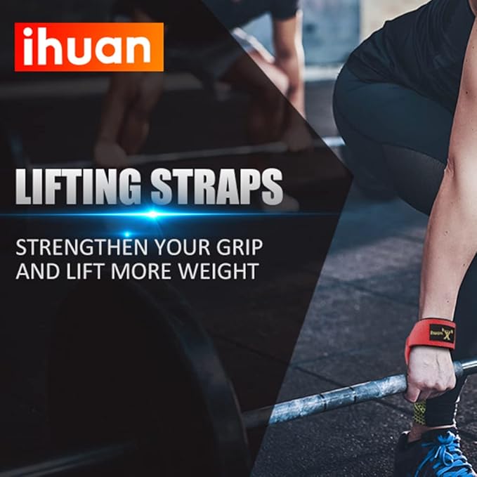 ihuan Wrist Straps for Weight Lifting - Lifting Straps for Weightlifting | Gym Wrist Wraps with Extra Hand Grips Support for Strength Training | Bodybuilding | Deadlifting