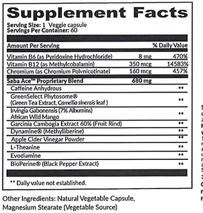 Saba ACE™- Weight Management, Suppress Hunger, Boost Energy, Enhance Mood, Boost Metabolism, and Increase Overall Performance -for Women and Men -60 Capsules