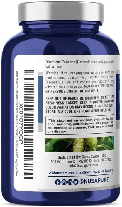 NusaPure White Mulberry Leaf Extract 5,000mg 180 Veggie Caps (Vegetarian, Bioperine)