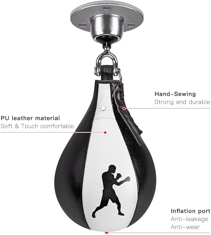 Benelabel Boxing Speed Bag Kit & Boxing Speed Bag - Premium Leather Bag with 360° Swivel and Inflator - Easy to Install and Use - Improve Your Speed and Reflexes