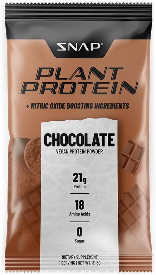 Snap Supplements 100% Plant Based Protein Powder Stick Packs with Nitric Oxide Booster (10 Pack, Chocolate)
