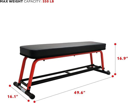Sunny Health & Fitness Flat Weight Bench Optional Dumbbell Rack for Strength Training, Full Body Workout, Exercise, Home Gym