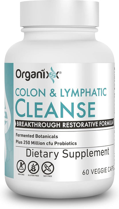 Organixx Lymphatic & Colon Cleanse Supplement with 250 Million CFU Probiotics for Gut Health for Women & Men, Digestive Support, Lymphatic System, Gluten Free, Non GMO, 60 Vegetarian Capsules
