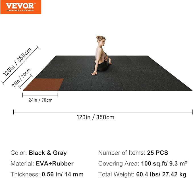 VEVOR 0.56Inch Thick Gym Floor Mats 25/12/6 Tiles