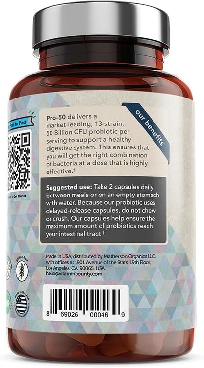 Vitamin Bounty Pro-50 Probiotic - 50 Billion Organisms and 13 Probiotic Strains that Promote Gut Health, Digestive Health Probiotic, Delayed Release Capsule with Prebiotic Greens - 60 Capsules, 2 Pack