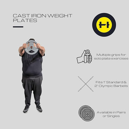 HulkFit 1 inch or 2 inch Cast Iron Weight Plate Set with Multi-Grip Handles and Enamel Coated for Barbells & Strength Training - Grey