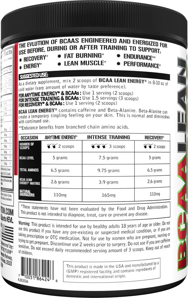 EVL BCAA Lean Energy Powder - Pre Workout Green Tea Fat Burner Support with BCAAs Amino Acids and Clean Energizers - BCAA Powder Post Workout Recovery Drink for Lean Muscle Recovery - Cherry Limeade