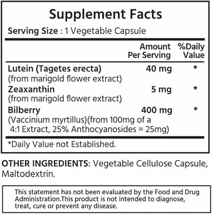 Premium Lutein & Zeaxanthin with Bilberry 120 Vegetable Capsules. Lutein 40 mg, Zeaxanthin 5 mg, and Bilberry 400 mg. All-Natural. High Potency & Premium Quality. Healthy Eyes & Vision.