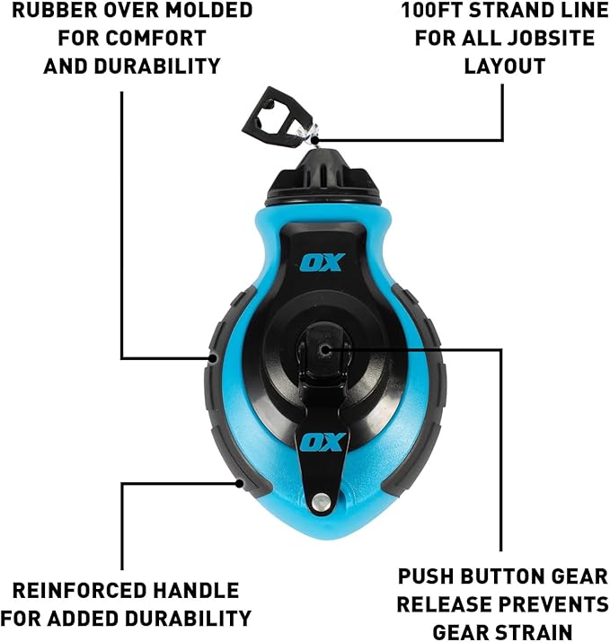 OX Tools OX-P027731 Chalk Line - 100' Thick Line, Curved Hook, 6:1 Gear Ratio, Metal Handle, Easy Top Load, Ergonomic Shape & Rubber Grips - Ideal for Deck Builders, Framers, Roofers
