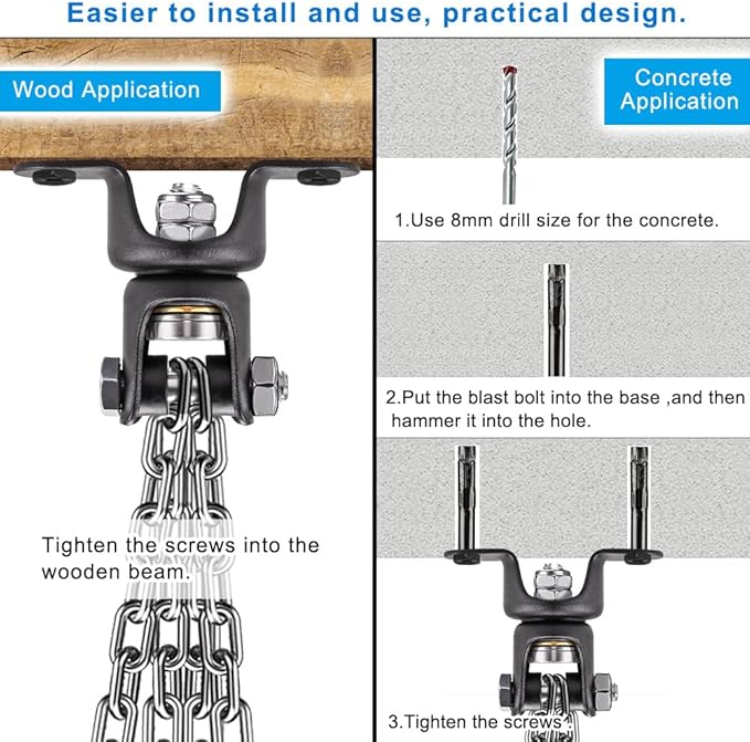 BeneLabel Heavy Duty Boxing Punching Bag Hanger with Chain, 800 LB Capacity, 360° Rotation Wood Beam Holder with 4 Chains and 4 Carabiners, 2 Wood Screws for Wooden Sets