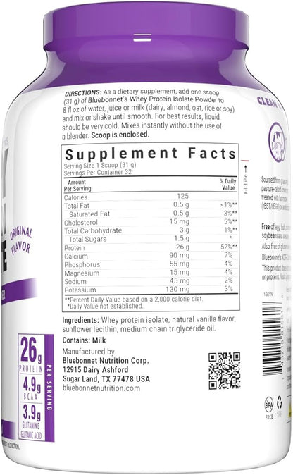 Bluebonnet Nutrition Whey Protein Isolate Powder, Whey from Grass Fed Cows, 26 Grams of Protein, No Sugar Added, Gluten Free, Soy Free, Kosher Dairy, 2.2 lbs, 32 Servings, Original Unflavored