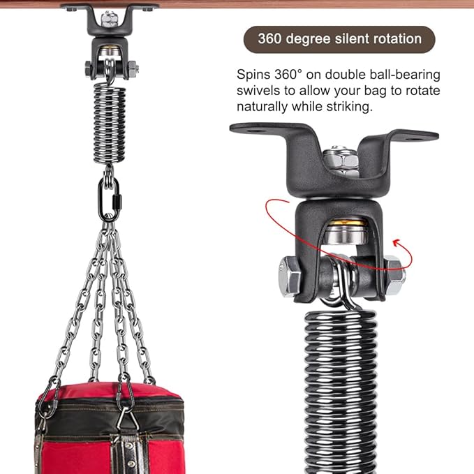 BeneLabel Heavy Duty Boxing Punching Bag Hanger Chain with Spring, 350 LB Capacity, 360° Rotation Wood Beam Holder with 4 Chains and 4 Carabiners, 2 Hexagon Wood Screws and 2 Expansion Screws.