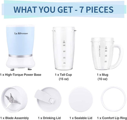 La Reveuse Personal Size Blender 250 Watts Power for Shakes Smoothies Seasonings Sauces with 1 Piece 15 oz Cup,1 Piece 10 oz Mug,BPA-Free (Sky Blue)