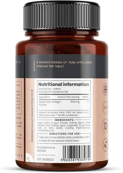 pureclinica Double Strength Apple Cider Vinegar 1000mg x 1080 Tablets (6 Bottles of 180 Tablets - 3 Years Supply)
