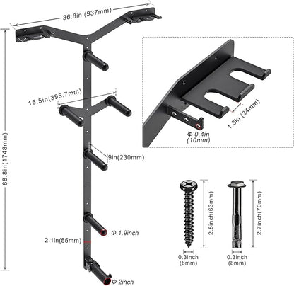 Wall Mounted Weight Plate Rack, Heavy Duty Olympic Barbell Holder & T Bar Row Landmine Attachment, 6 Hook Holes, 5 Pegs & 4 Barbell Storage, Space-Saving Home Gym Organizer