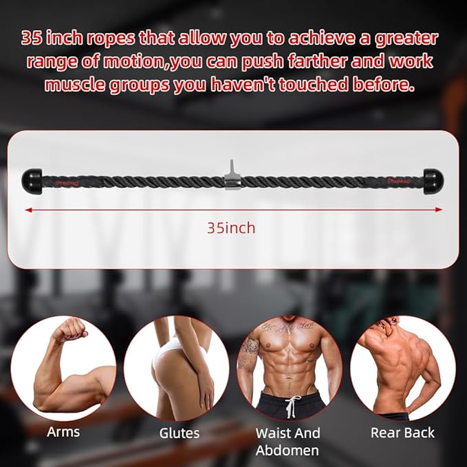 Tricep Rope with Upgraded Rubber Handles,35 Inch Tricep Pull Down Rope for Cable Machine, Greater Range of Motion, Triceps Rope Cable Attachment for Gym, Home, Easy to Grip, Non-Slip