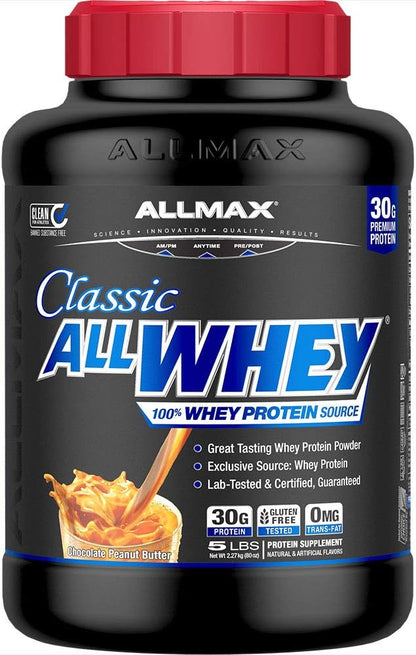 ALLMAX Classic ALLWHEY, Chocolate Peanut Butter - 5 lb - 30 Grams of Protein Per Scoop - Gluten Free - Approx. 49 Servings