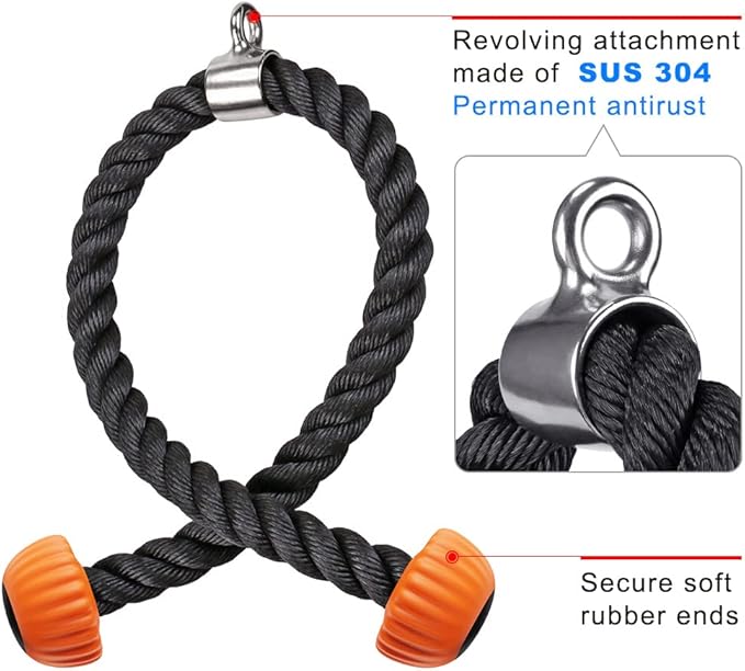 SELEWARE Tricep Rope W/Rubber Ends Cable Machine Attachments for Gym, 28”/36” Universal Triceps Pull Down Rope for Pulley System Home Gym Workout Fitness