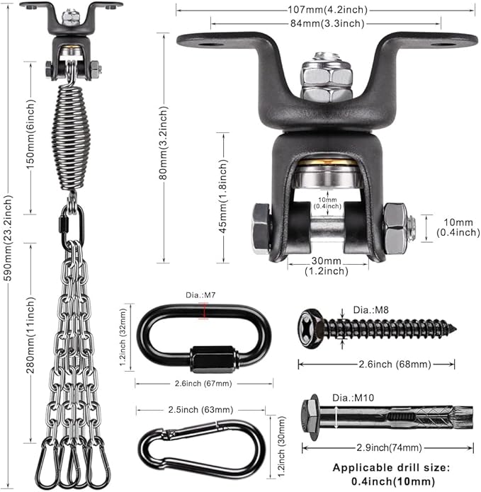 BeneLabel Heavy Duty Boxing Punching Bag Hanger Chain with Spring, 350 LB Capacity, 360° Rotation Wood Beam Holder with 4 Chains and 4 Carabiners, 2 Hexagon Wood Screws and 2 Expansion Screws.