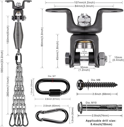 BeneLabel Heavy Duty Boxing Punching Bag Hanger Chain with Spring, 350 LB Capacity, 360° Rotation Wood Beam Holder with 4 Chains and 4 Carabiners, 2 Hexagon Wood Screws and 2 Expansion Screws.
