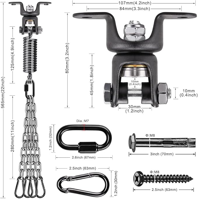 BeneLabel Heavy Duty Boxing Punching Bag Hanger Chain with Spring, 350 LB Capacity, 360° Rotation Wood Beam Holder with 4 Chains and 4 Carabiners, 2 Hexagon Wood Screws and 2 Expansion Screws.