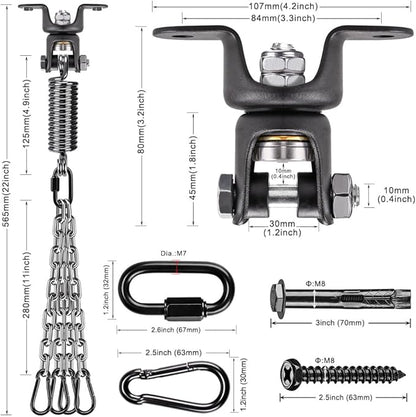 BeneLabel Heavy Duty Boxing Punching Bag Hanger Chain with Spring, 350 LB Capacity, 360° Rotation Wood Beam Holder with 4 Chains and 4 Carabiners, 2 Hexagon Wood Screws and 2 Expansion Screws.