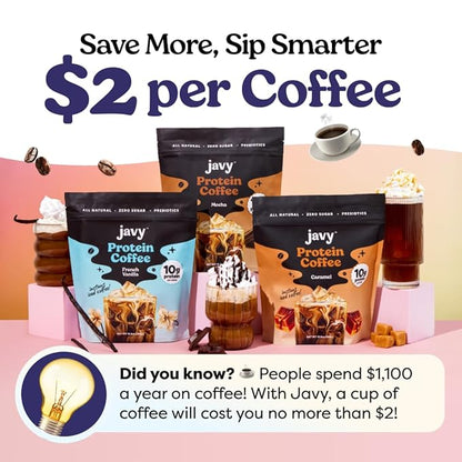 Javy French Vanilla Protein Coffee - Premium Whey Protein & Instant Iced Coffee - 100% Arabica Coffee - Zero Artificial Flavors & Sweeteners, 20 Servings