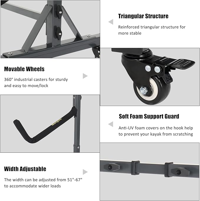 Bonnlo Kayak Stand Freestanding Storage Rack for Kayak Canoe Boat Paddle Board SUP Surfboard for Indoor Outdoor Garage, Shed, Dock with Lockable Wheels Wide Adjustable