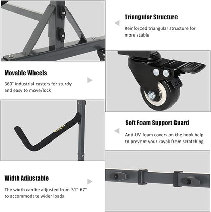 Bonnlo Kayak Stand Freestanding Storage Rack for Kayak Canoe Boat Paddle Board SUP Surfboard for Indoor Outdoor Garage, Shed, Dock with Lockable Wheels Wide Adjustable