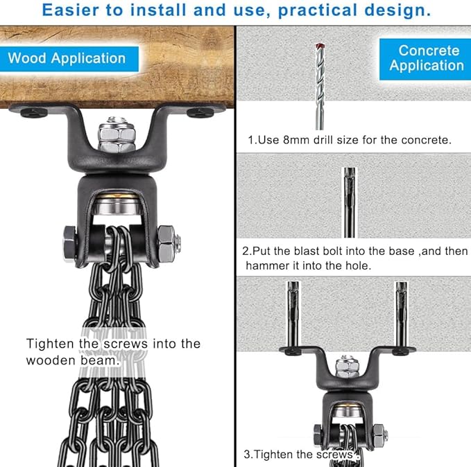 BeneLabel Heavy Duty Boxing Punching Bag Hanger with Chain, 800 LB Capacity, 360° Rotation Wood Beam Holder with 4 Chains and 4 Carabiners, 2 Wood Screws for Wooden Sets