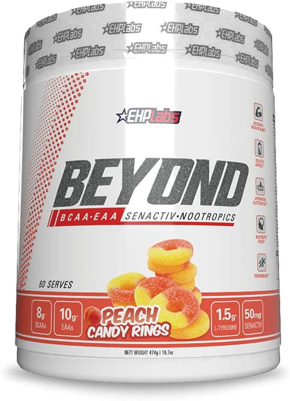 EHP Labs Beyond BCAA Powder Amino Acids Post Workout Recovery - BCAAs Essential Amino Acids EAA Supplements Powder - 10g Amino Acids Supplement for Muscle Recovery - 60 Servings (Peach Candy Rings)