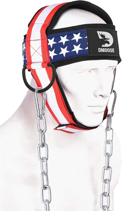 DMoose Neck Harness for Weight Lifting - 30" Heavy Duty Steel Chain - Neck Exerciser, Trainer & Strengthener for Injury Recovery Support & Workout- Adjustable Head & Chin Strap