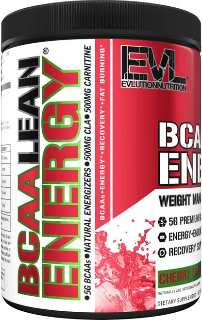 EVL BCAA Lean Energy Powder - Pre Workout Green Tea Fat Burner Support with BCAAs Amino Acids and Clean Energizers - BCAA Powder Post Workout Recovery Drink for Lean Muscle Recovery - Cherry Limeade