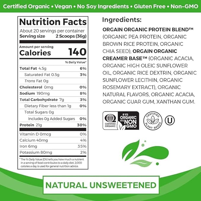 Orgain Organic Vegan Protein Powder, Natural Unsweetened - 21g of Plant Protein, 4g Prebiotic Fiber, Low Net Carbs, No Lactose Ingredients, No Added Sugar, Non-GMO, For Shakes & Smoothies, 1.59 lb
