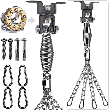 BeneLabel Heavy Duty Boxing Punching Bag Hanger Chain with Spring, 350 LB Capacity, 360° Rotation Wood Beam Holder with 4 Chains and 4 Carabiners, 2 Hexagon Wood Screws and 2 Expansion Screws.