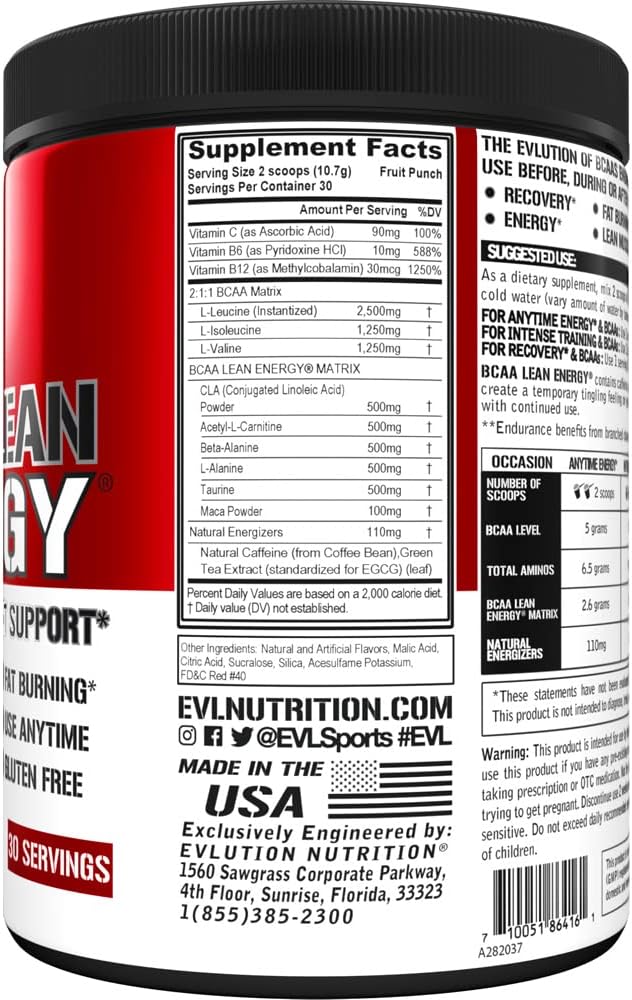 EVL BCAA Lean Energy Powder - Pre Workout Green Tea Fat Burner Support with BCAAs Amino Acids and Clean Energizers - BCAA Powder Post Workout Recovery Drink for Lean Muscle Recovery - Fruit Punch